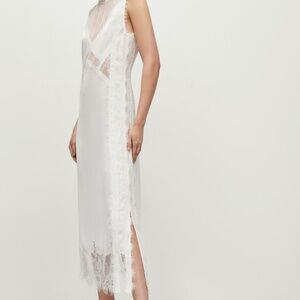 ALLSAINTS Mila White Lace Satin Sheath Dress Fringe Sheer Midi UK12 US8 EU40